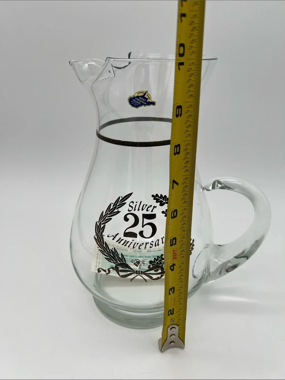Vintage West Virginia Glass Co. 25th Silver Anniversary Hand-blown Glass Pitcher